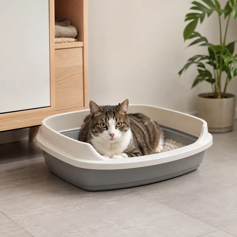 Katze schläft im Katzenklo und wird aufmerksam beobachtet