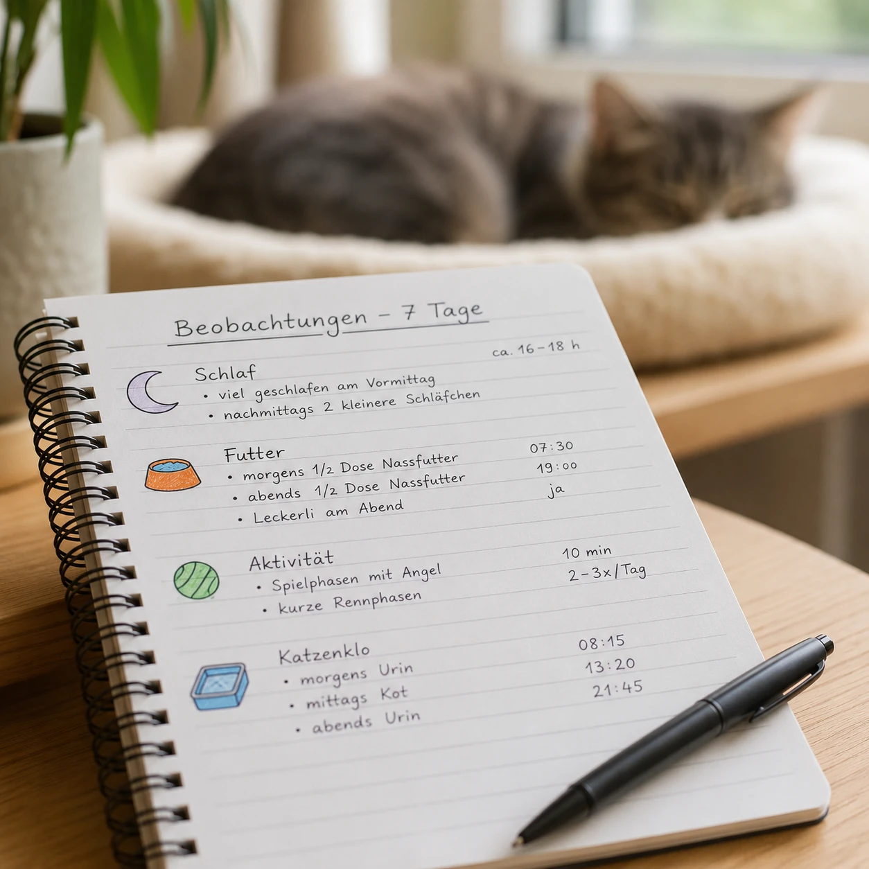 Schlaf und Aktivität der Katze in einem Protokoll festhalten