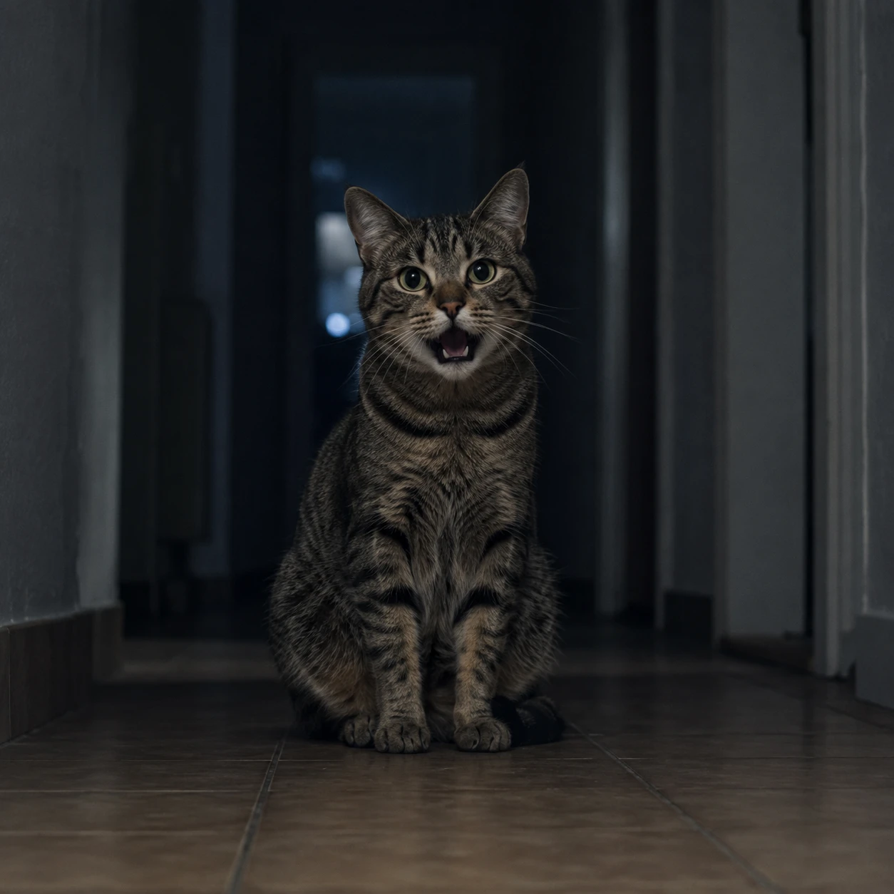 Katze miaut nachts laut im dunklen Flur