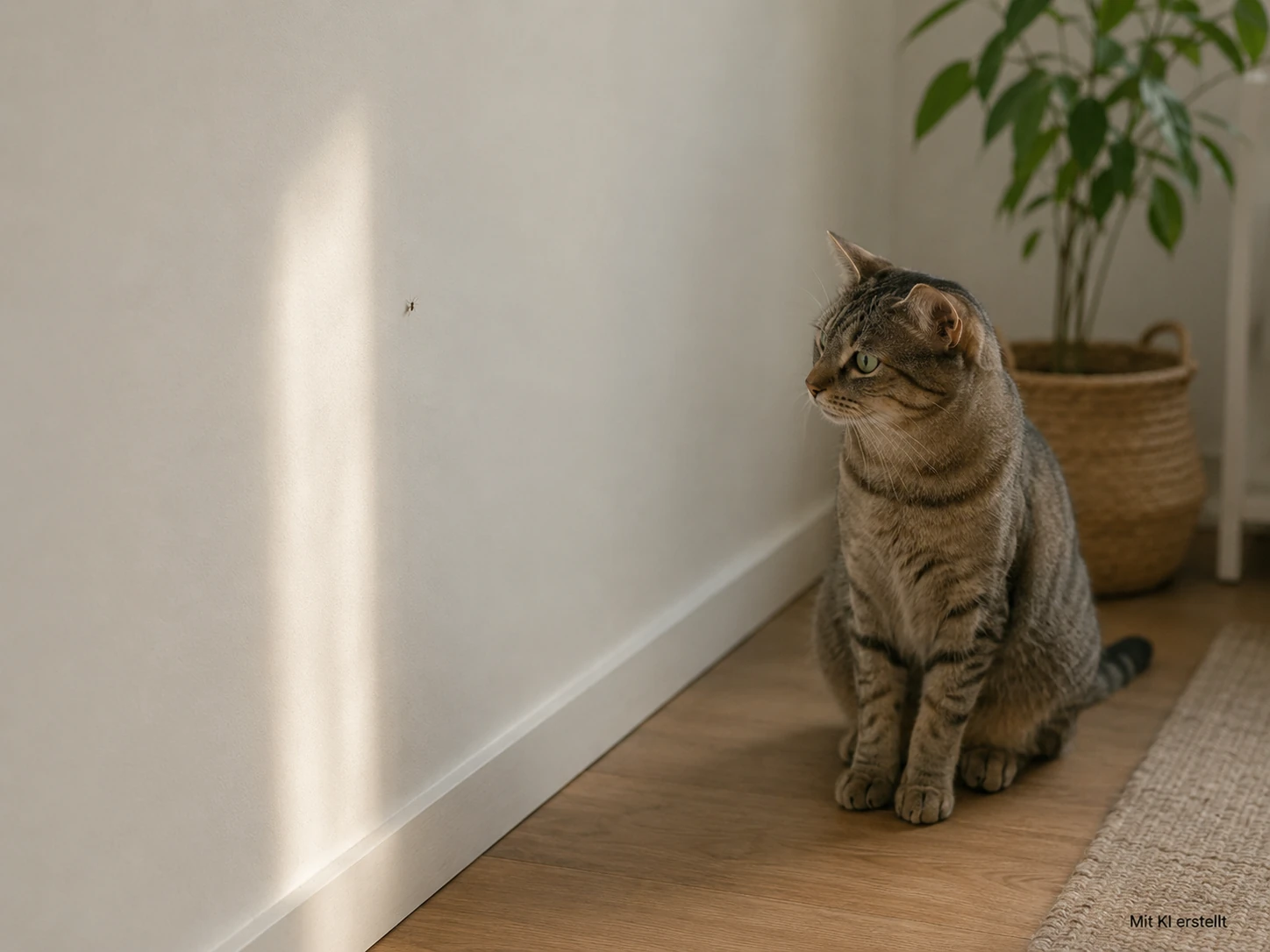 Katze beobachtet Lichtreflex oder Insekt an der Wand