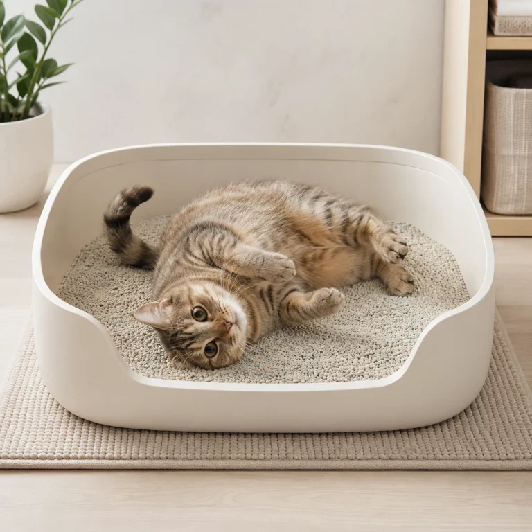 Katze wälzt sich in frischer Katzenstreu