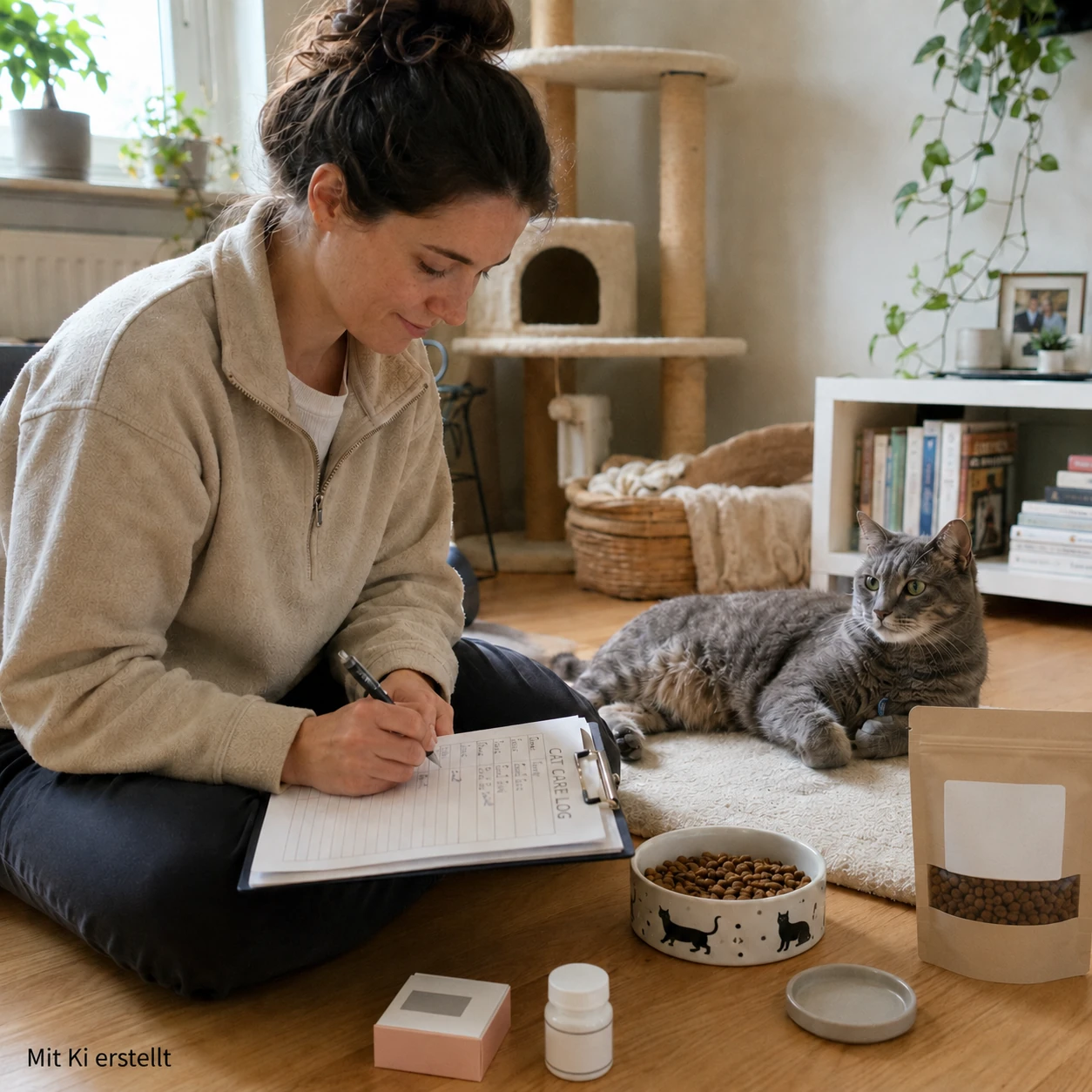 Katzensitter betreut eine Katze während des Urlaubs zu Hause