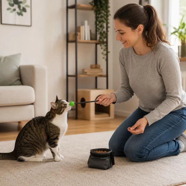Katzentrainer zeigt positives Training mit einer Katze und ihrer Halterin