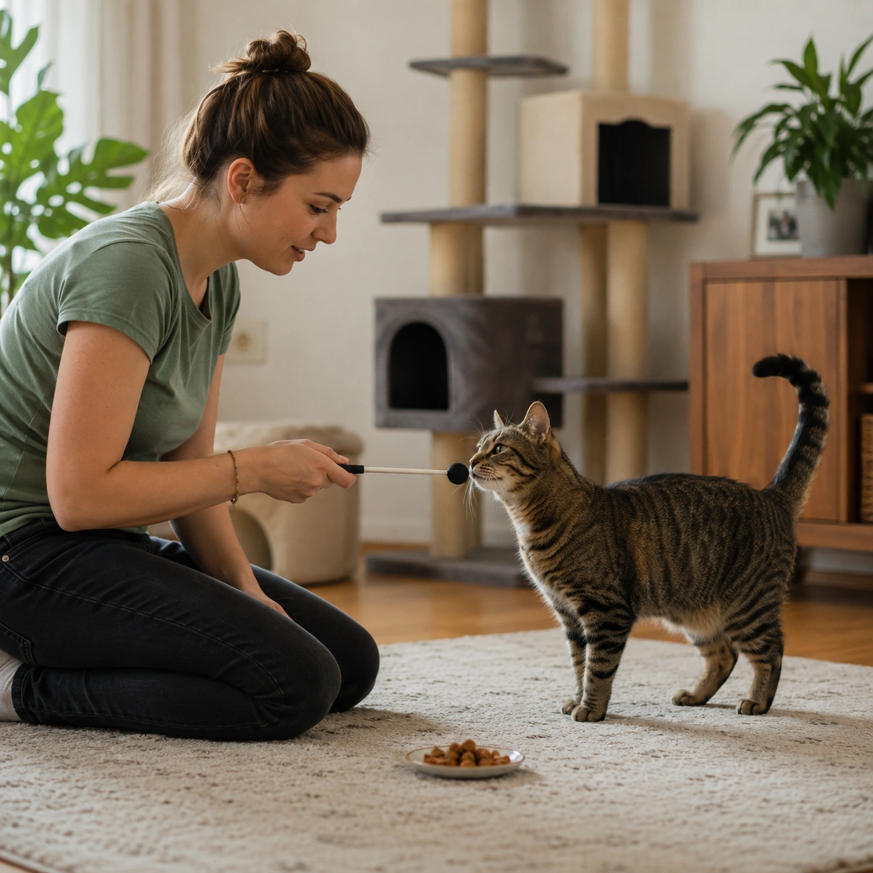 Katzentrainer zeigt positives Training mit einer Katze und ihrer Halterin