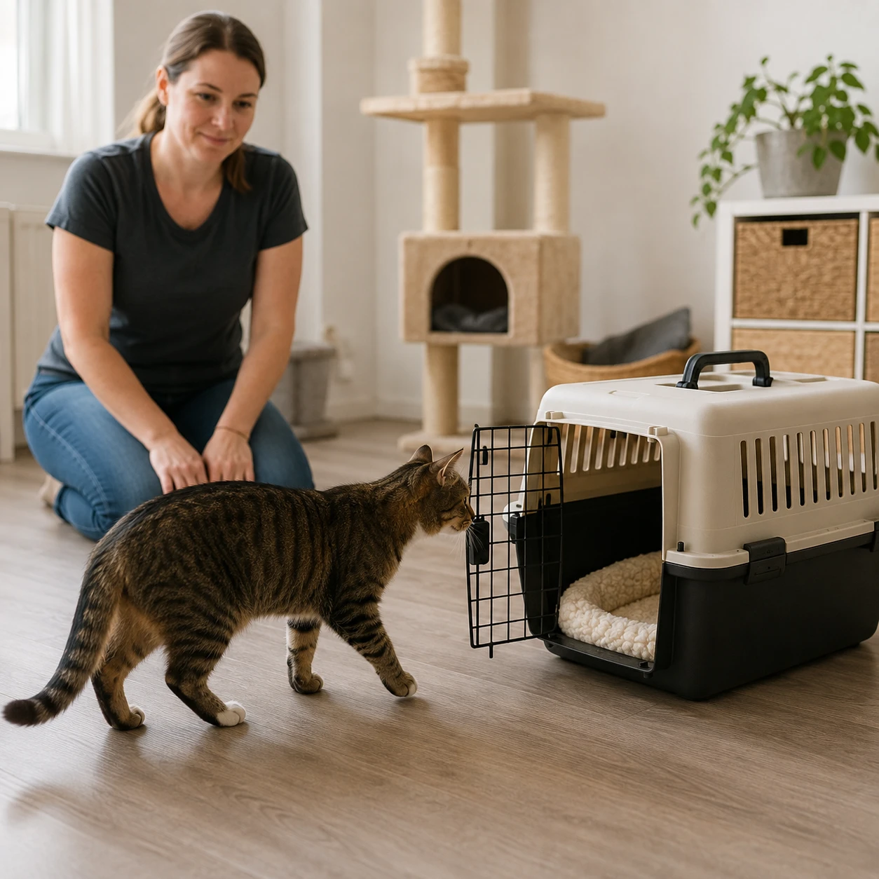 Freiwilliges Transportboxtraining mit einem Katzentrainer