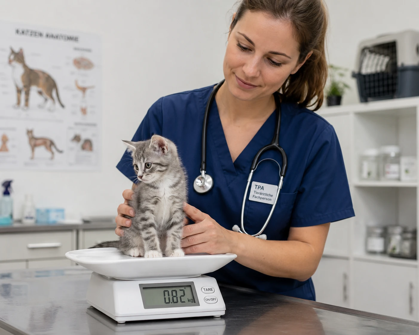 Alter und Gewicht eines jungen Kittens tierärztlich prüfen