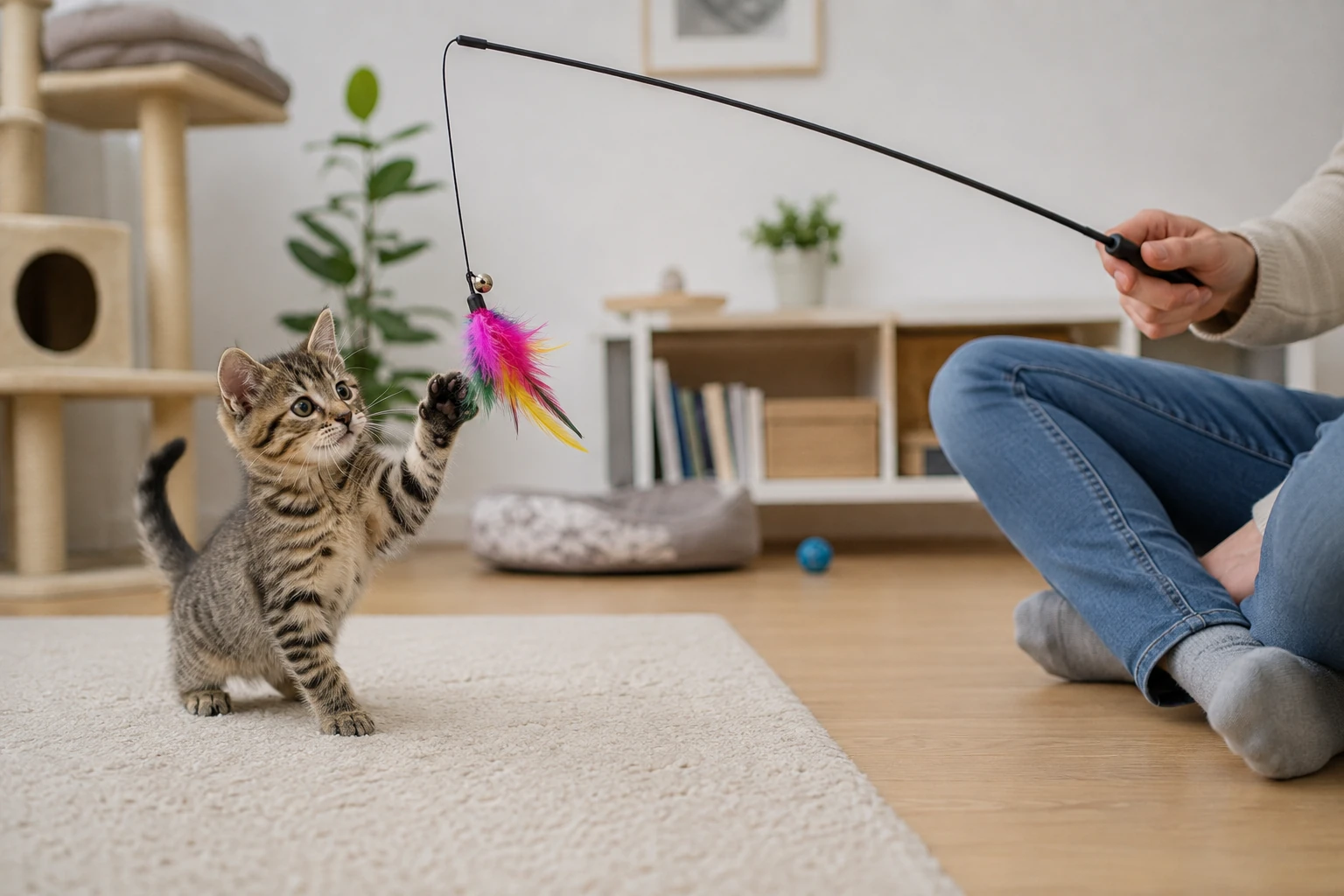 Kitten lernt sicher mit Distanzspielzeug zu spielen