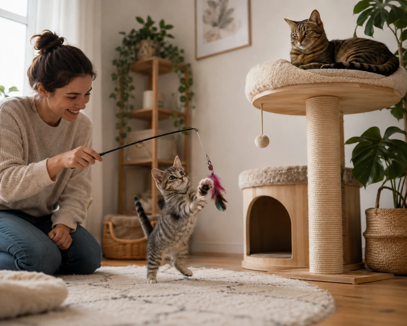 Kitten spielt und erwachsene Katze ruht geschützt