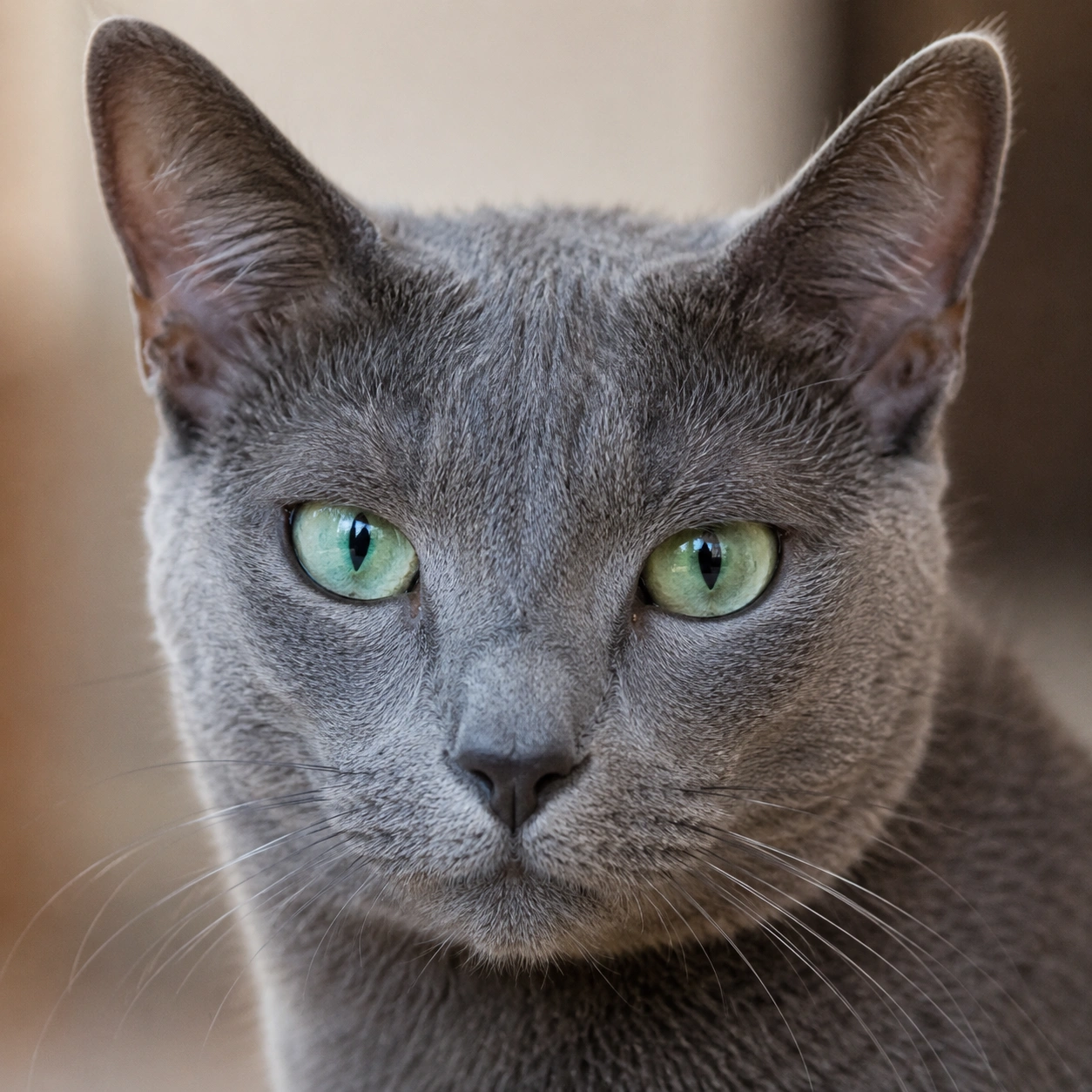 Herzförmiger Kopf und grüne Augen einer Korat Katze