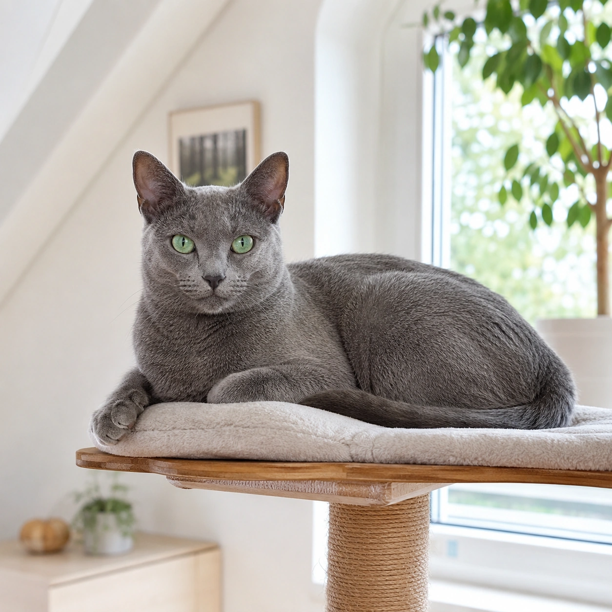Wohnungshaltung mit erhöhtem Liegeplatz für eine Korat Katze