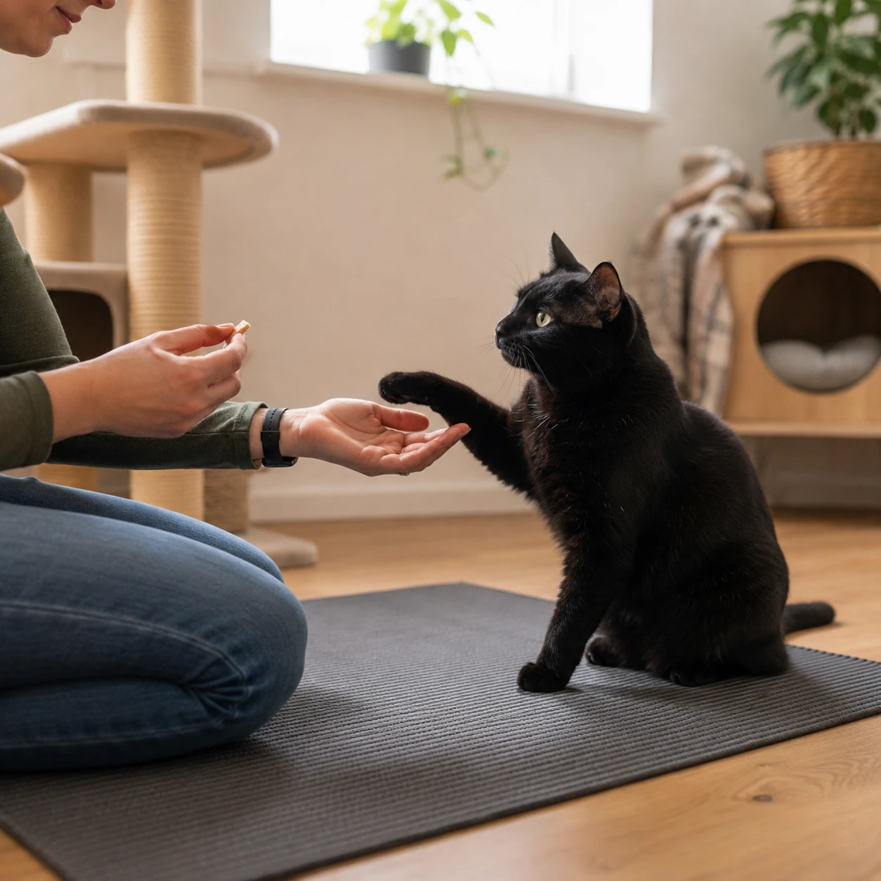Freiwillige Pfotenkontrolle beim Medical Training mit einer Katze