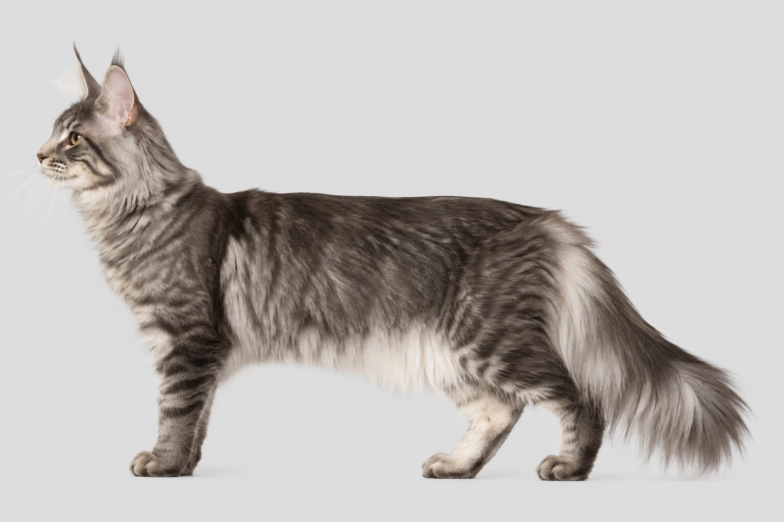 Körperbau und langer Schweif einer Nebelung Katze