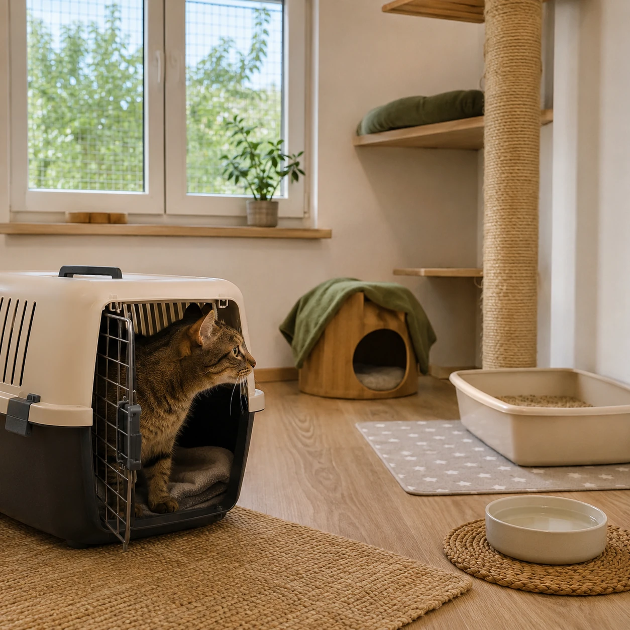 Neue Katze erkundet ein vorbereitetes Übergangszimmer