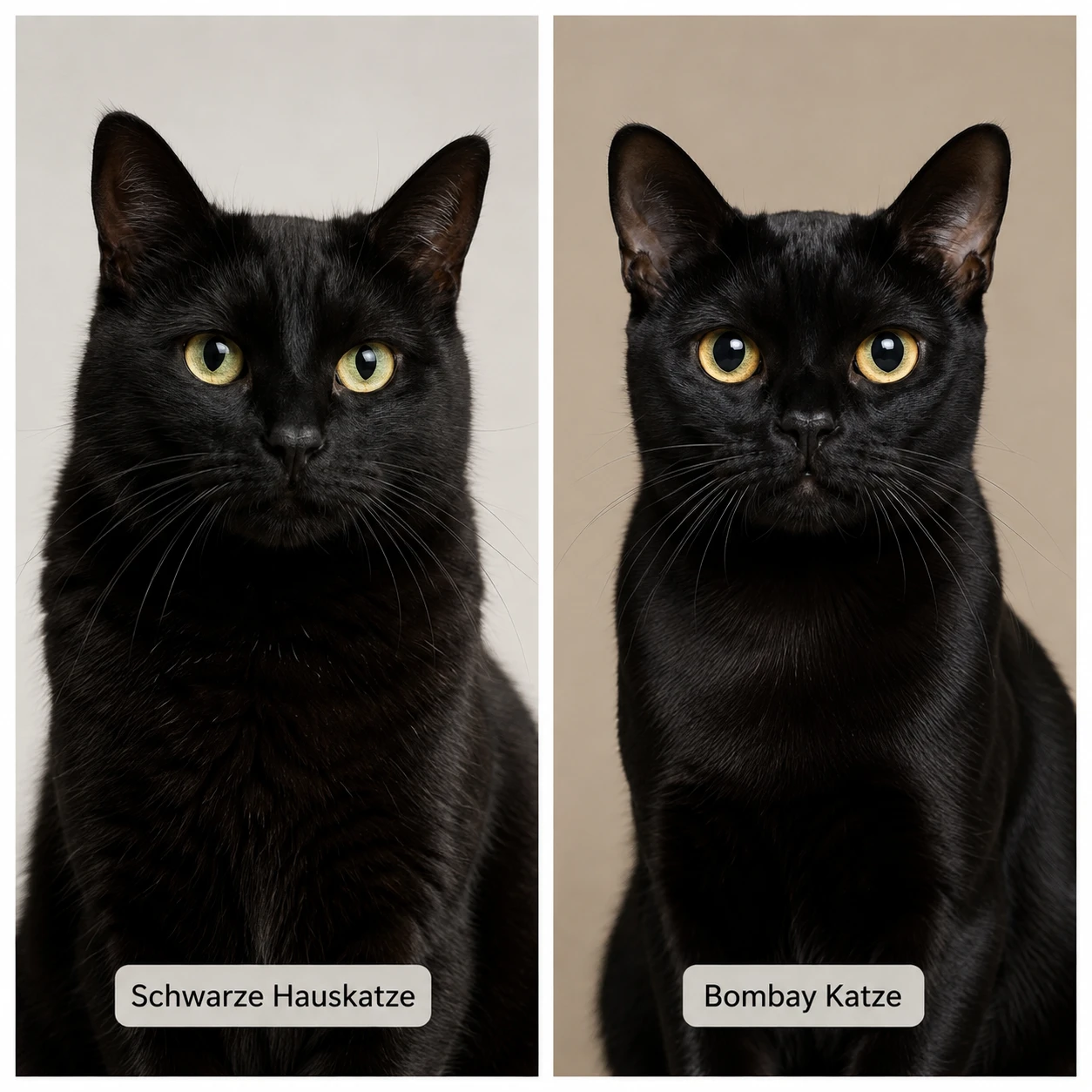 Schwarze Hauskatze und Bombay optisch vergleichen