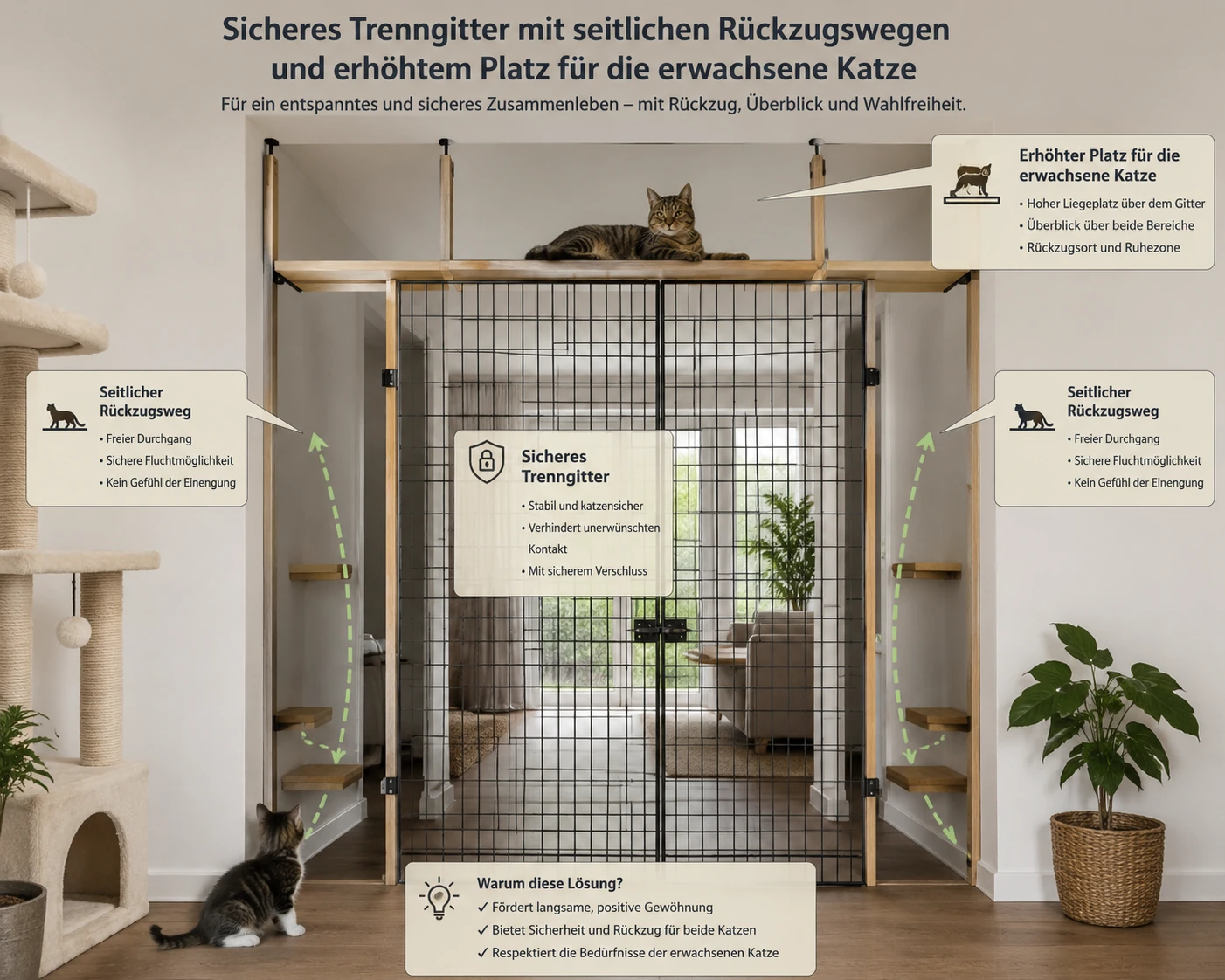 Sicherer Sichtkontakt zwischen Kitten und erwachsener Katze