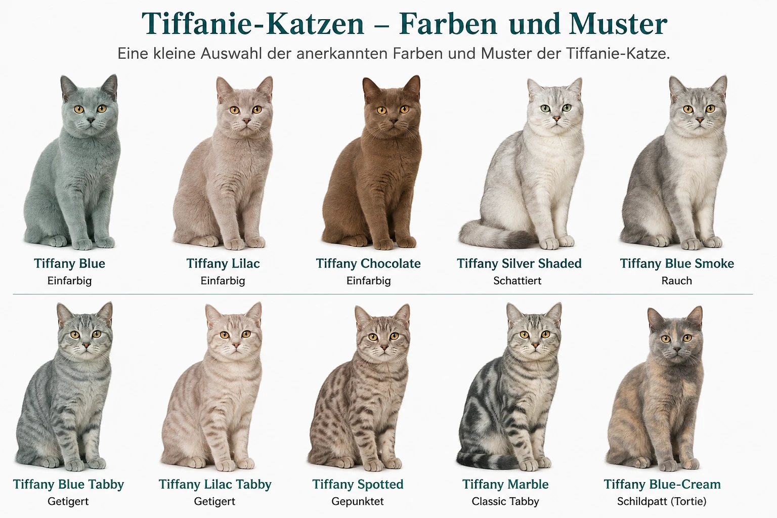 Verschiedene Farben und Muster der Tiffanie Katze