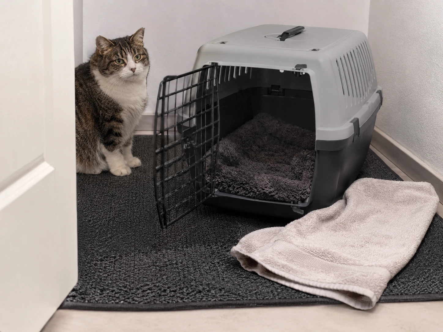 Raum und Transportbox für die Katze ruhig vorbereiten