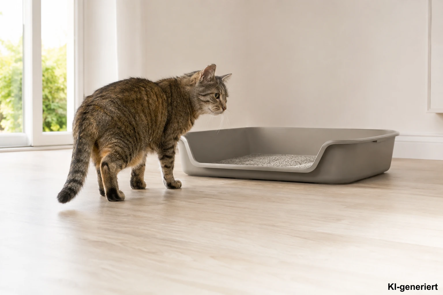 Ältere Katze vor niedrigem Katzenklo
