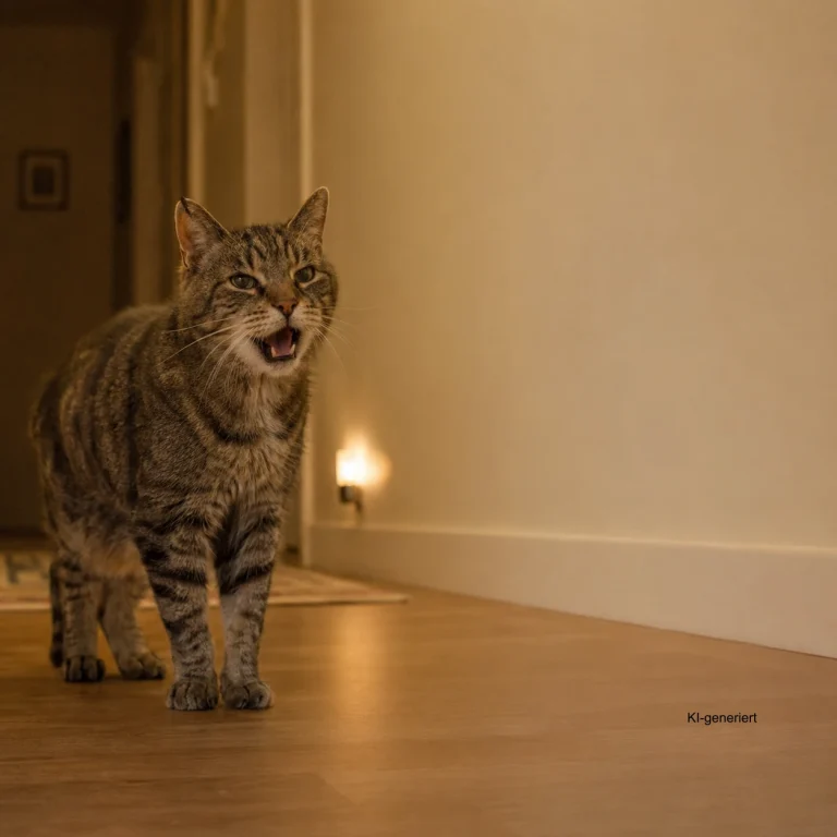 Alte Katze ruft nachts im beleuchteten Flur