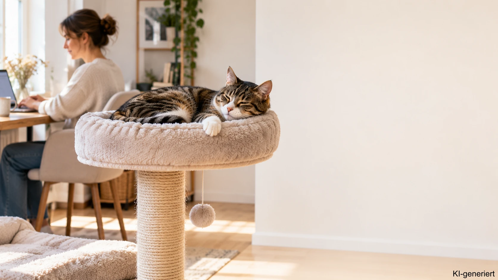 Katze ruht selbstständig in der Nähe ihrer Bezugsperson