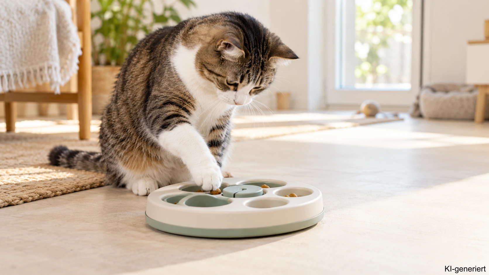 Katze sucht einen Teil ihrer Tagesration im Futterspiel