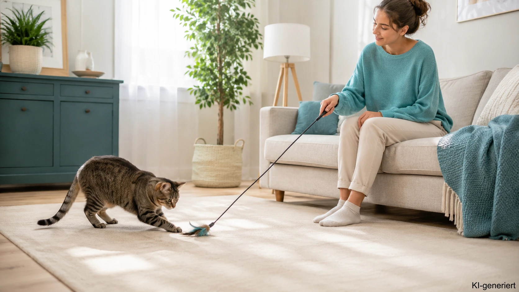 Katze mit Distanzspielzeug statt mit Händen beschäftigen