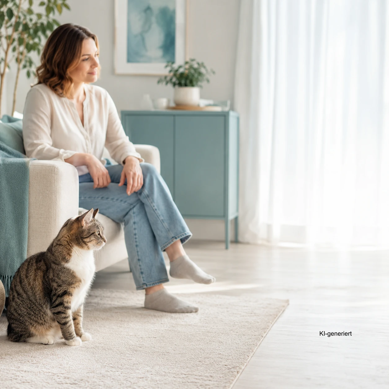 Katze und Mensch mit sicherem Abstand nach einem Kratzer