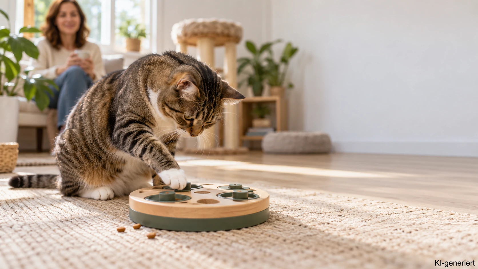 Katze beschäftigt sich selbstständig mit einer Futteraufgabe