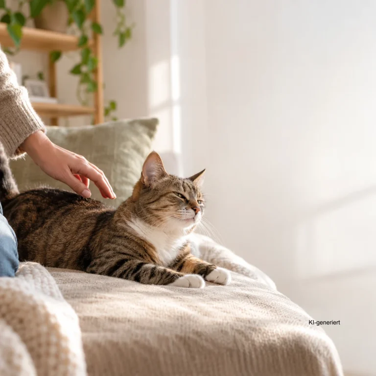 Katze zuckt beim Streicheln und die Hand pausiert