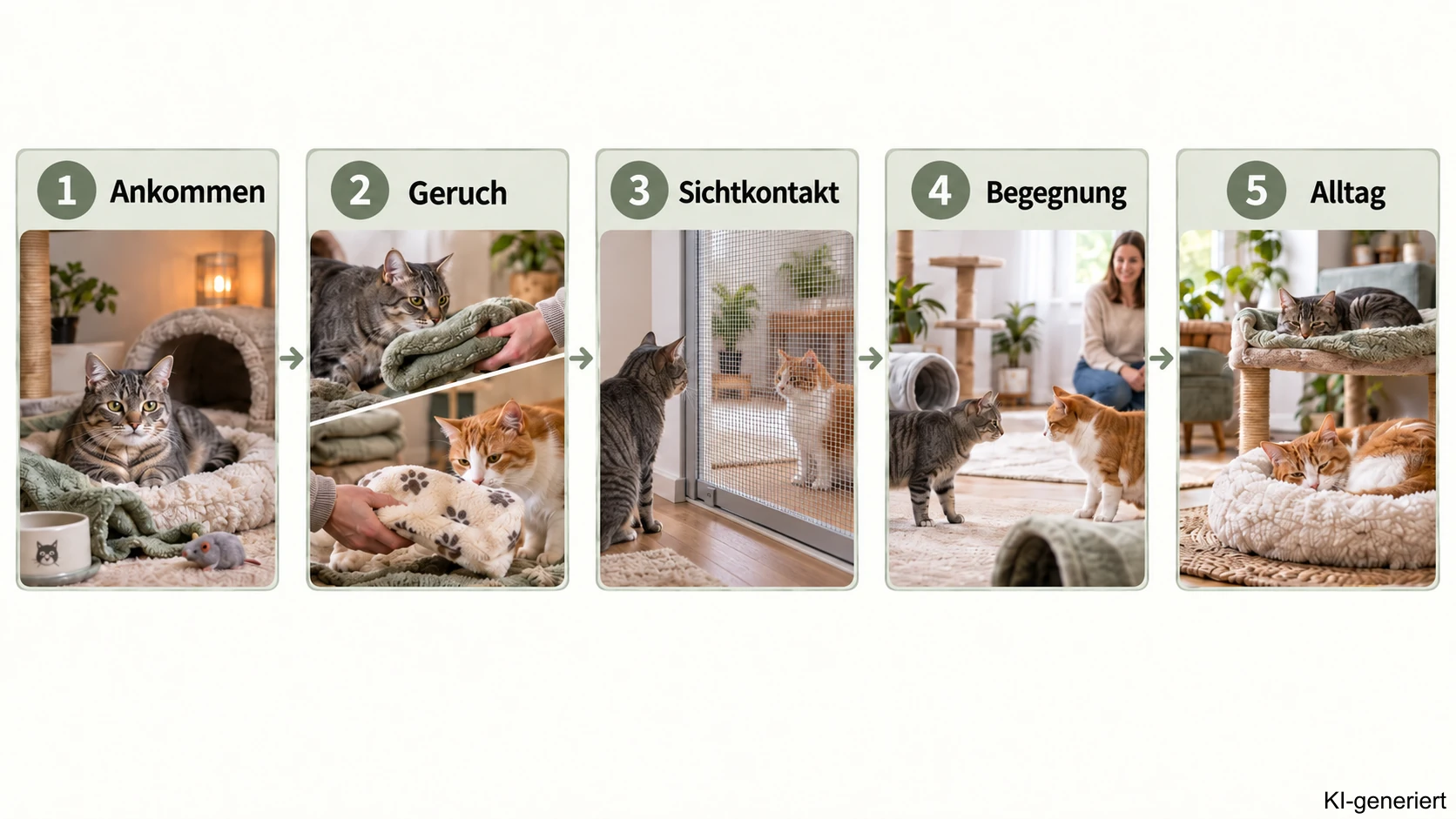 Fünf Phasen der Katzenzusammenführung: Ankommen, Geruchsaustausch, Sichtkontakt, direkte Begegnungen und gemeinsamer Alltag.