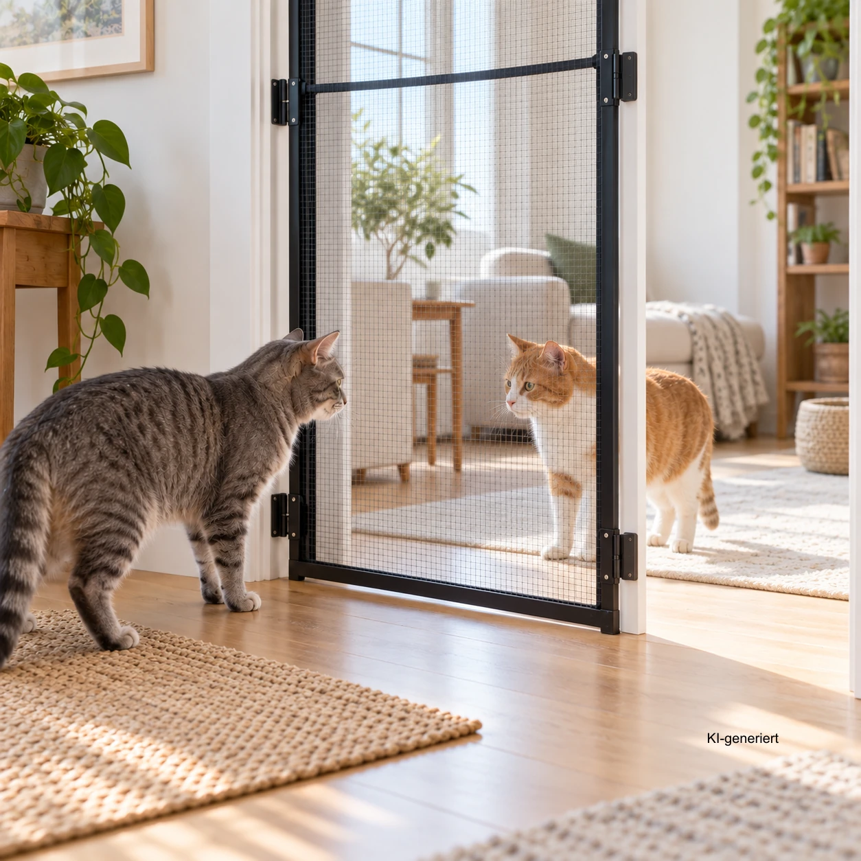 Zwei Katzen nähern sich beim Zusammenführen vorsichtig auf beiden Seiten eines gesicherten Türgitters.