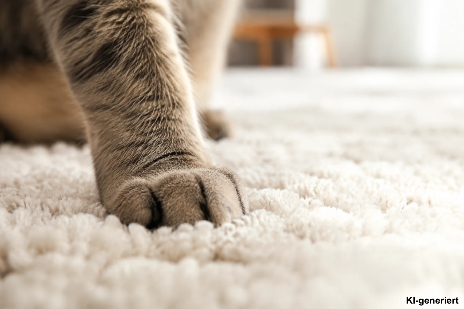 Katzenpfote auf weichem Teppichflor