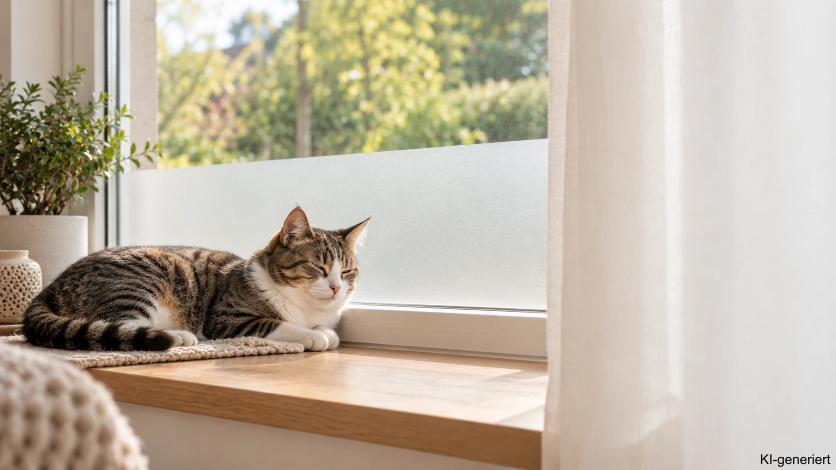Entspannte Katze liegt auf einer Fensterbank, das untere Drittel des Fensters ist mit Milchglasfolie abgeklebt