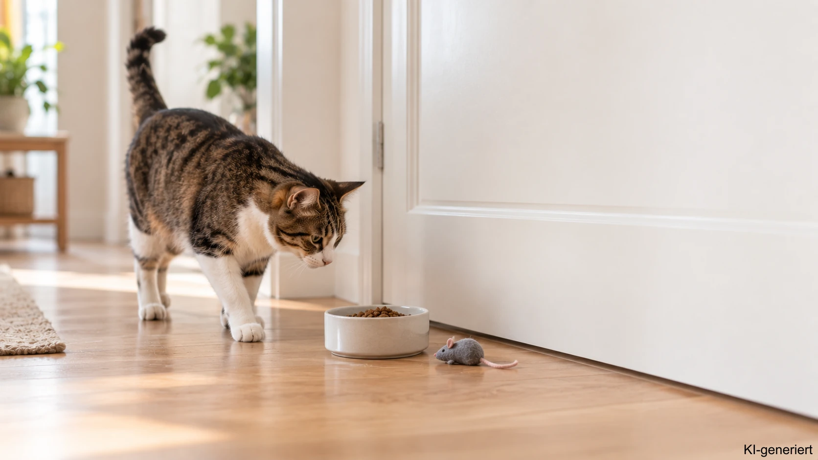 Futternapf und Spielzeug stehen an einer Zimmertür, an der die Katze vorher markiert hat