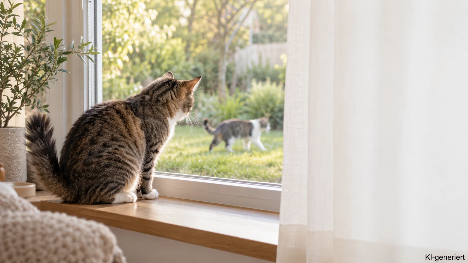 Angespannte Katze sitzt am Fenster und beobachtet eine fremde Katze im Garten