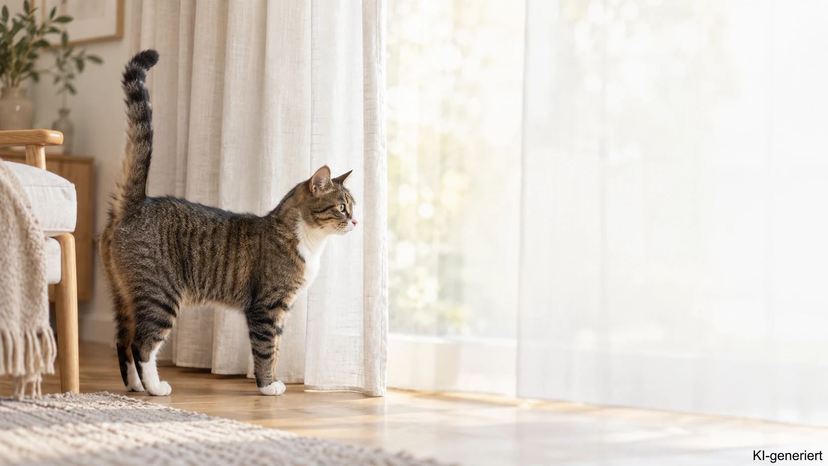 Katze in typischer Markierhaltung mit senkrecht erhobenem, leicht zitterndem Schwanz vor einem Vorhang