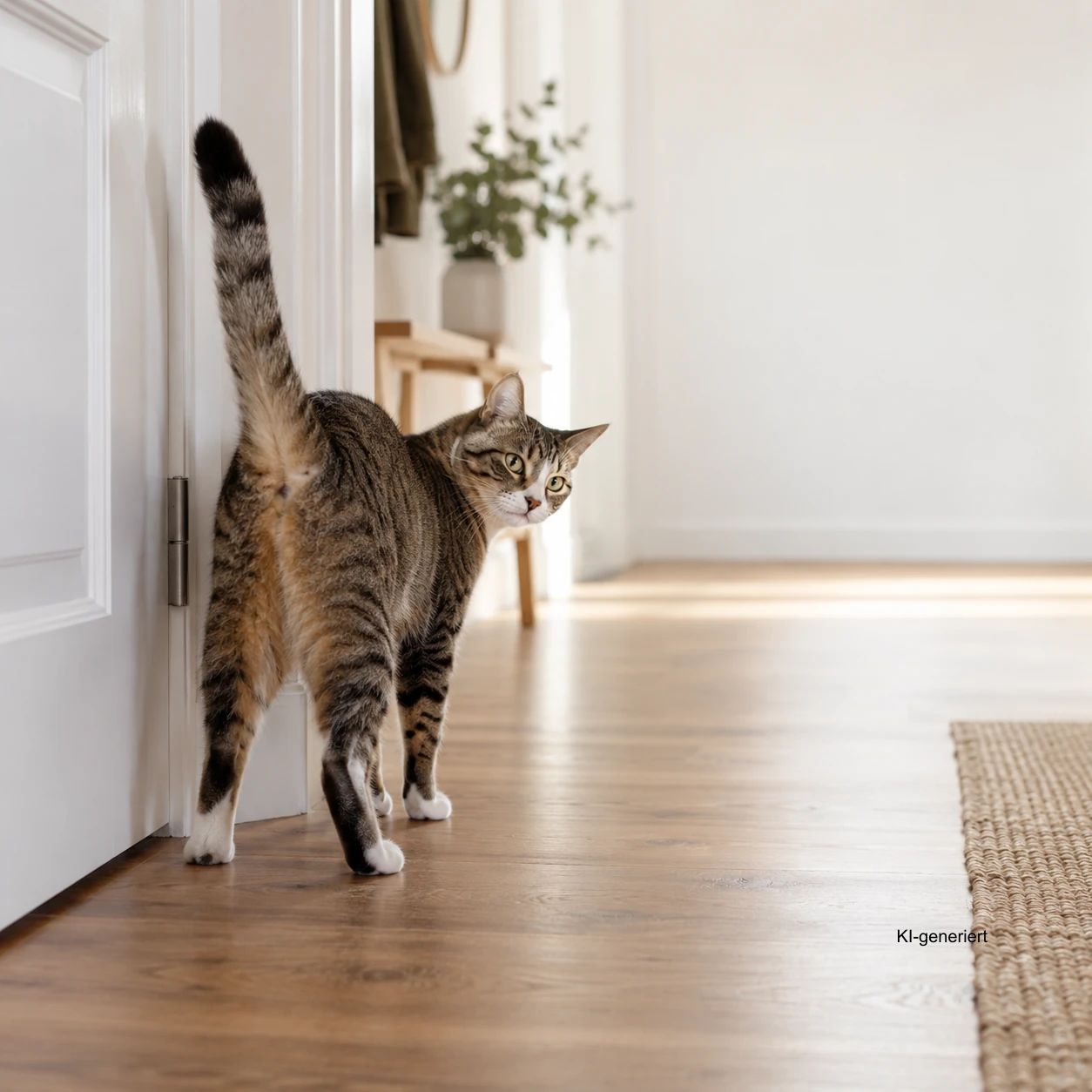 Katze steht mit erhobenem Schwanz rückwärts an einer Zimmertür – so sieht es aus, wenn eine Katze markiert