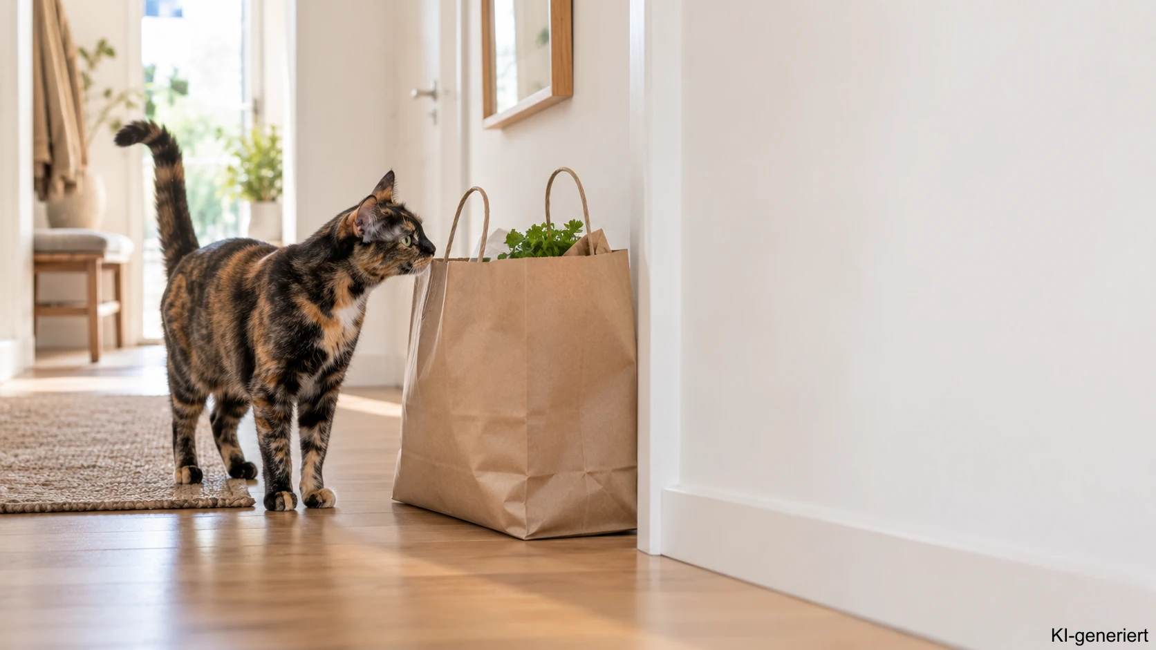 Weibliche Katze schnuppert aufmerksam an einer neuen Einkaufstasche im Flur